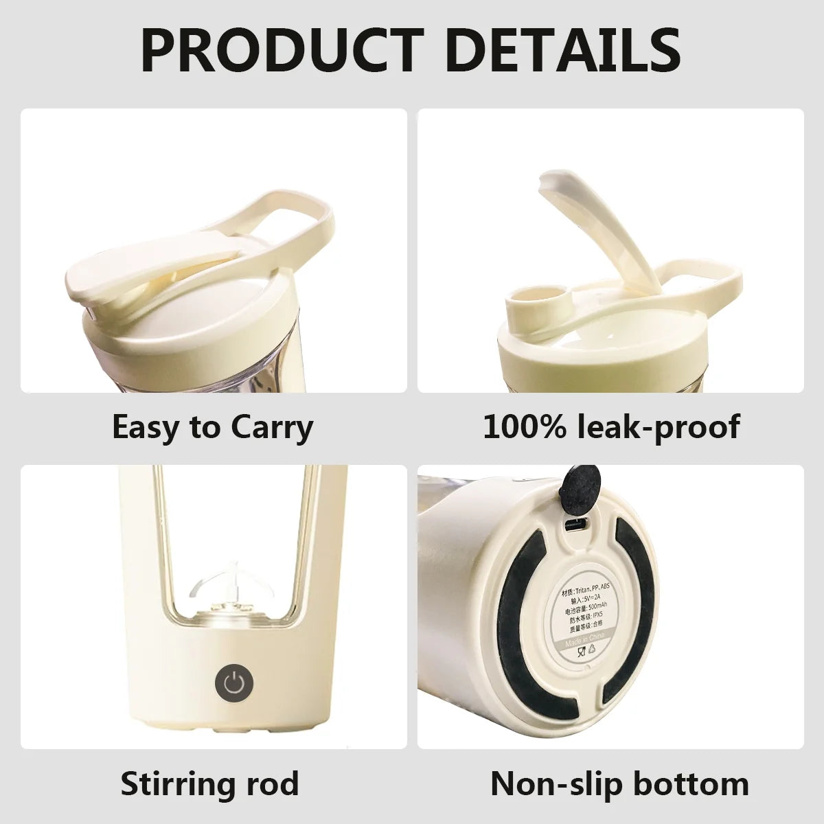 Electric Shaker Bottle for Protein ,Rechargeable Drink Mixer Cup for Coffee Milk Mixing,White