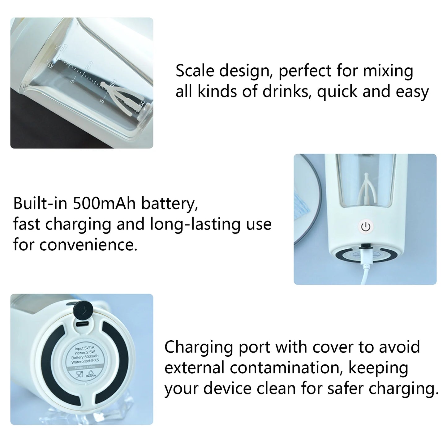 Electric Shaker Bottle for Protein ,Rechargeable Drink Mixer Cup for Coffee Milk Mixing,White